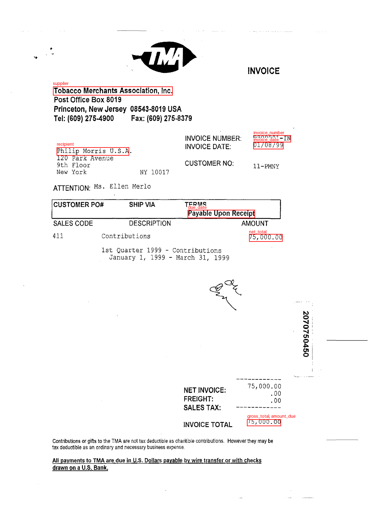 The same invoice with each extracted field outlined in red and labelled with its name