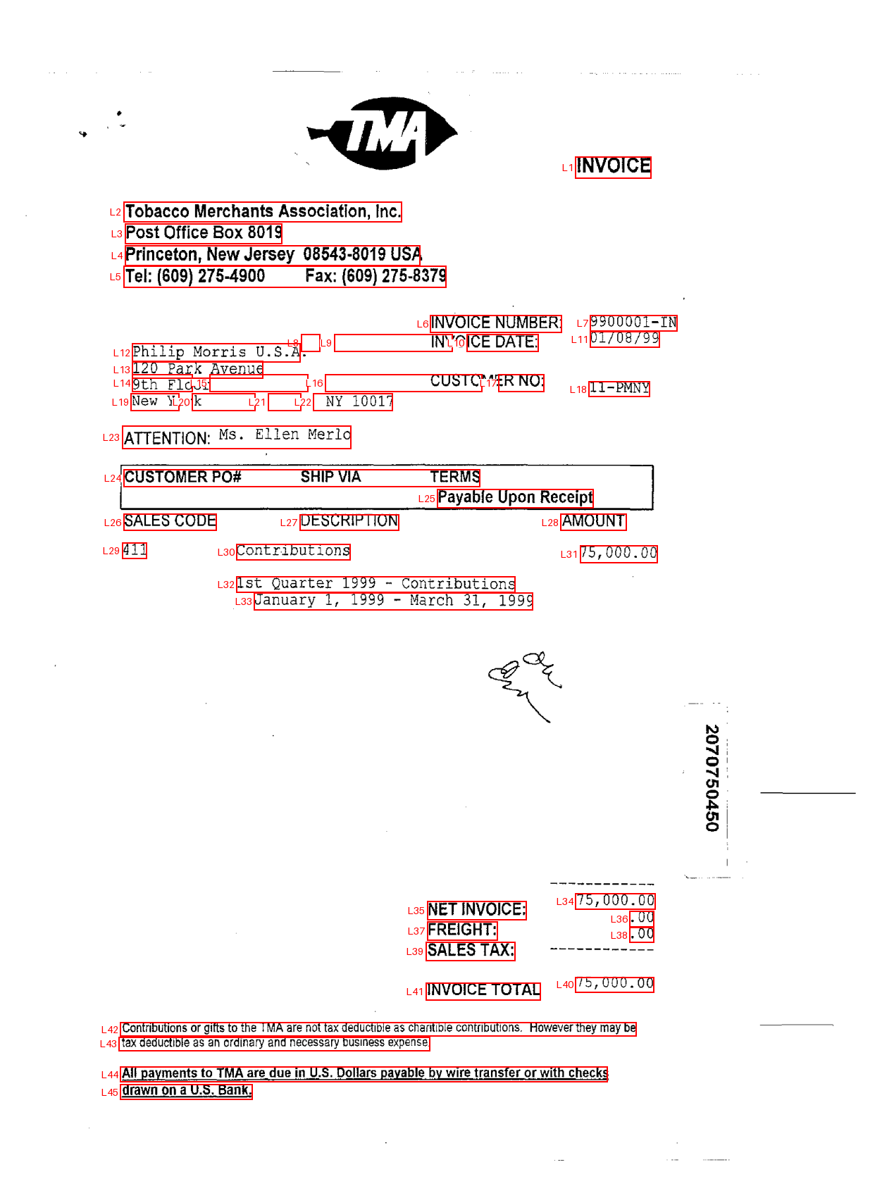 A scanned invoice from the Tobacco Merchants Association with every text line outlined by a red box and labelled L1 to L45