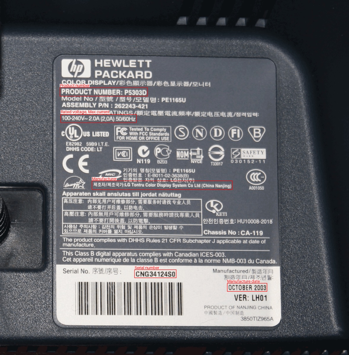 Dasselbe Typenschild, auf dem die von der API gefundenen Felder rot umrandet sind: Produktnummer, Nennspannung und -strom, Hersteller, Seriennummer und Herstellungsdatum